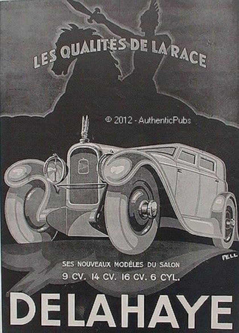 1929 PUBLICITE AUTOMOBILE DELAHAYE CHEVALIER SIGNE FELL DE 1929 FRENCH AD ART DECO