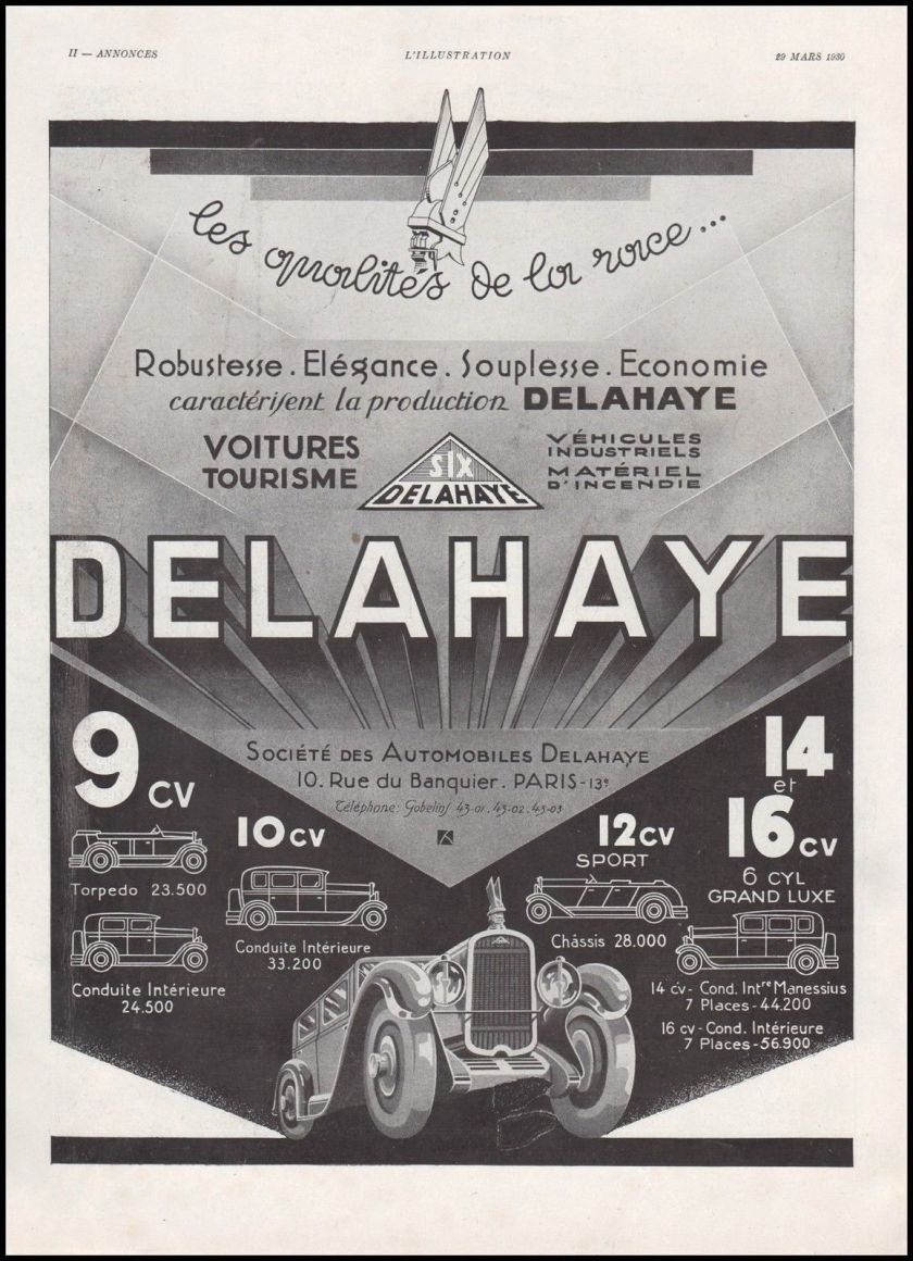 1930 Publicité Automobiles Delahaye car vintage print ad 1930