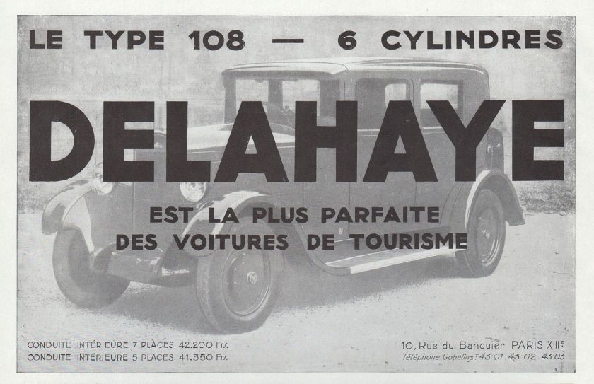 1931 PUBLICITE AUTOMOBILE DELAHAYE TYPE 108 CAR AD 1931