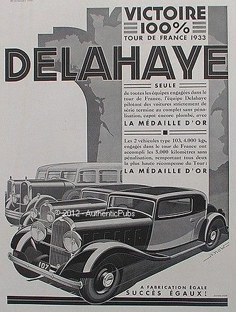 1933 PUBLICITE AUTOMOBILE DELAHAYE VICTOIRE TOUR DE FRANCE MEDAILLE D'OR DE 1933 AD