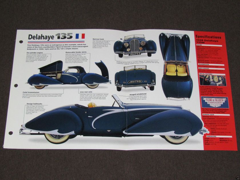 1935-1952 (1938) DELAHAYE 135 Car PHOTO SPEC SHEET BROCHURE BOOKLET