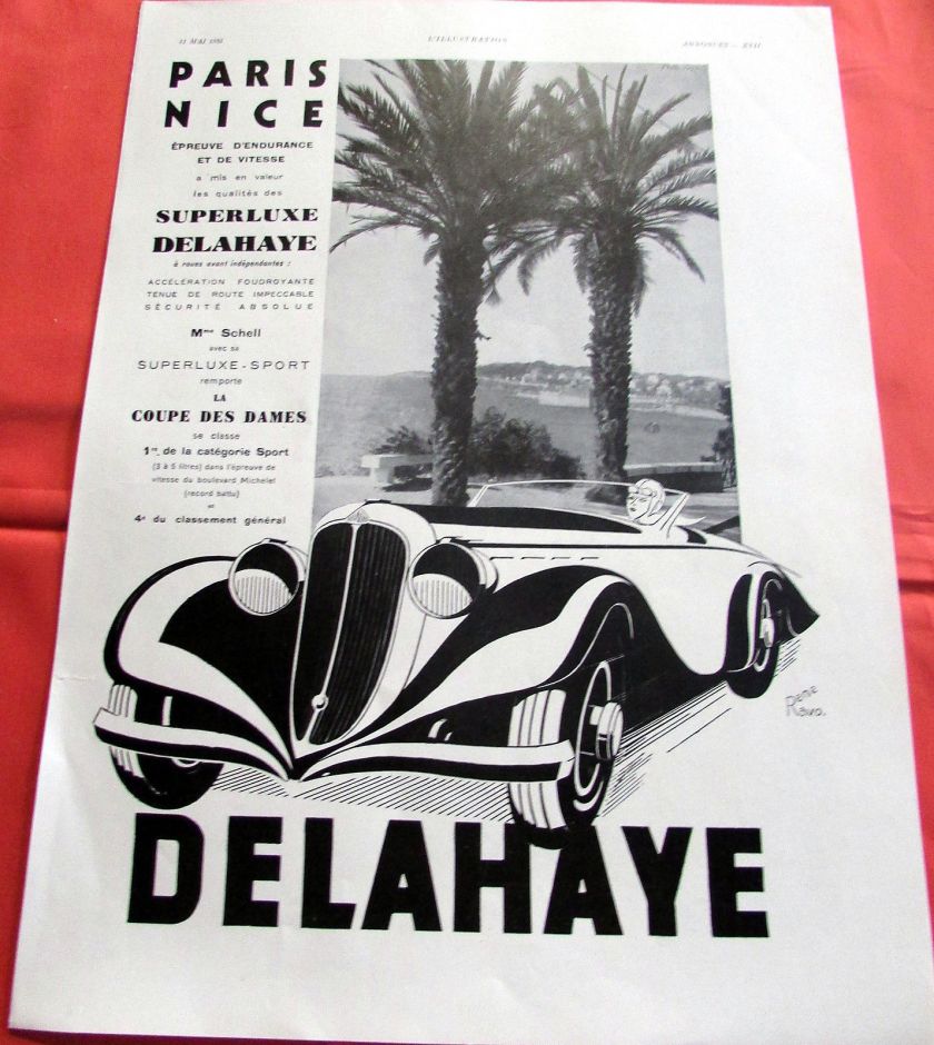 1935 DELAHAYE PARIS NICE RENE RAVO AUTOMOBILE PUBLICITE ANCIENNE