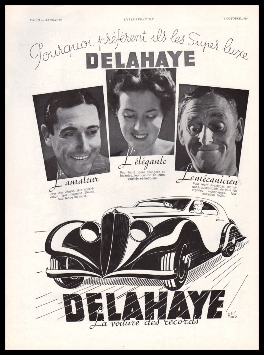 1935 - Original DELAHAYE AUTOMOBILIA Ad RENE RAVO Vintage Advertising