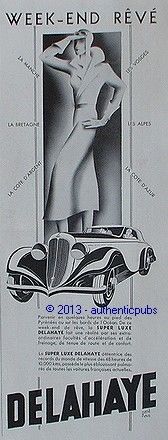 1935 PUBLICITE AUTOMOBILE DELAHAYE SUPER LUXE WEEK END REVE R. RAVO DE 1935 FRENCH AD