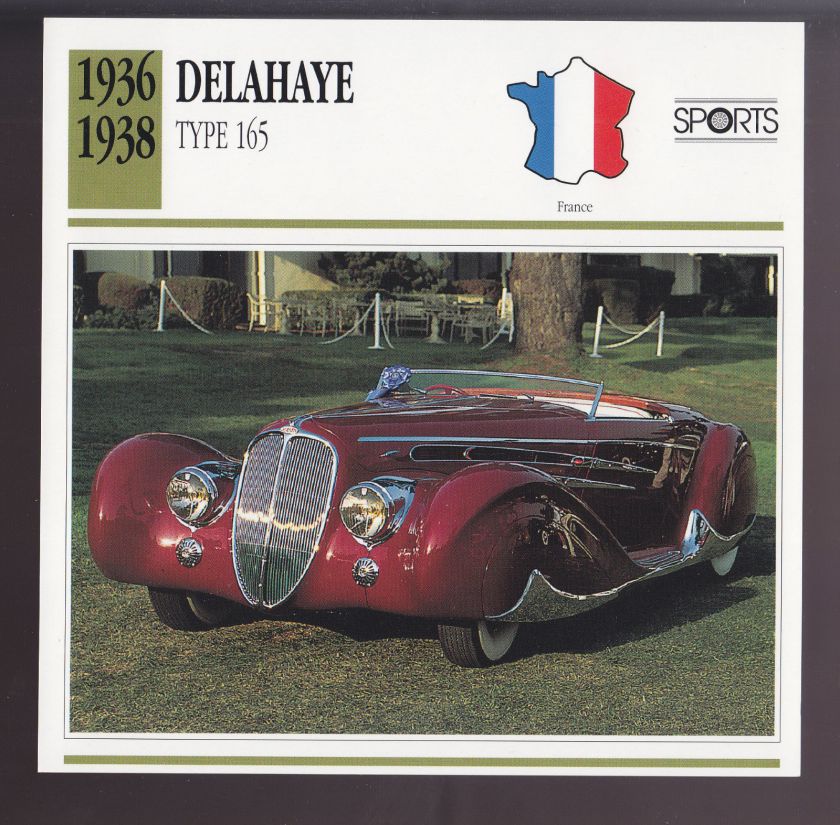 1936 1937 1938 Delahaye Type 165 France Car Photo Spec Sheet Info ATLAS CARD