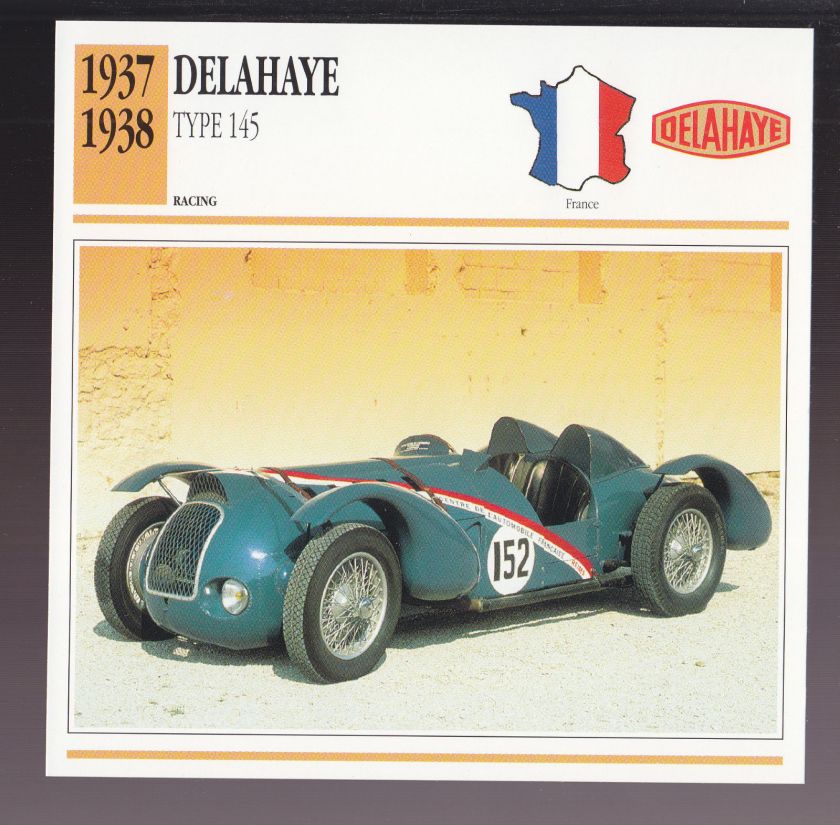 1937-1938 Delahaye Type 145 France Race Car Photo Spec Sheet Info ATLAS CARD