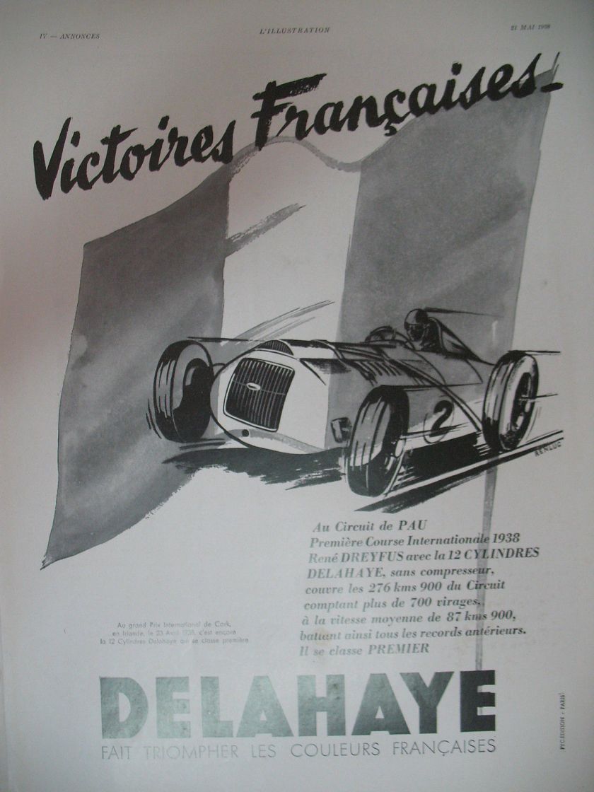 1938 PUBLICITE DE PRESSE DELAHAYE AUTOMOBILE VICTOIRE A PAU ILLUSTRATION RENLUC 1938
