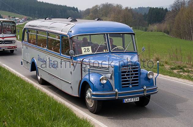 1950's Borgward coach from Germany travels through the Austrian countryside
