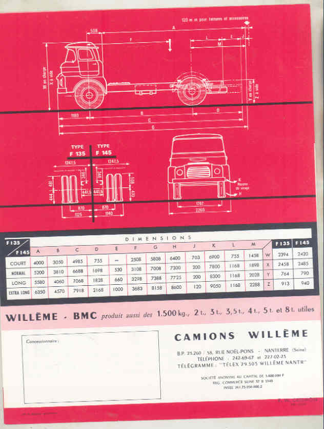 1962 Willeme BMC F135 F145 6.5-7.5 Ton Truck Brochure French wv8235 d