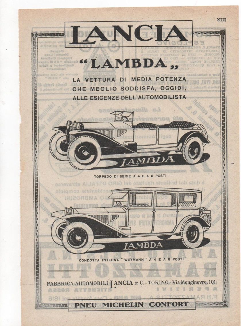 1923 Pubblicità vintage LANCIA AUTO LAMBDA TORINO advert werbung reklame publicitè B5