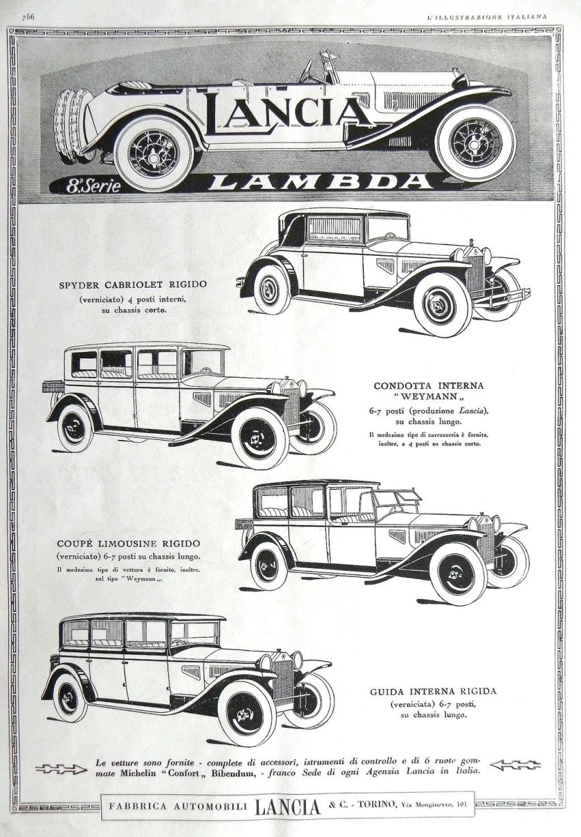 1928 grande formato LANCIA LAMBDA + OROLOGI ERMETO Advert