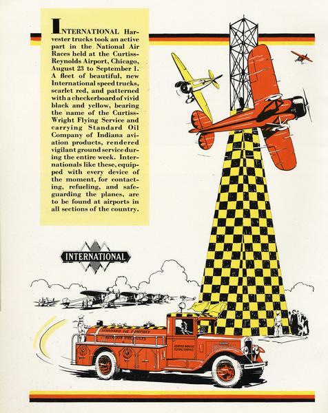 1930 Advertisement for International fire-rescue trucks featuring the National Air Races held at Curtiss-Reynolds Airport in Chicago