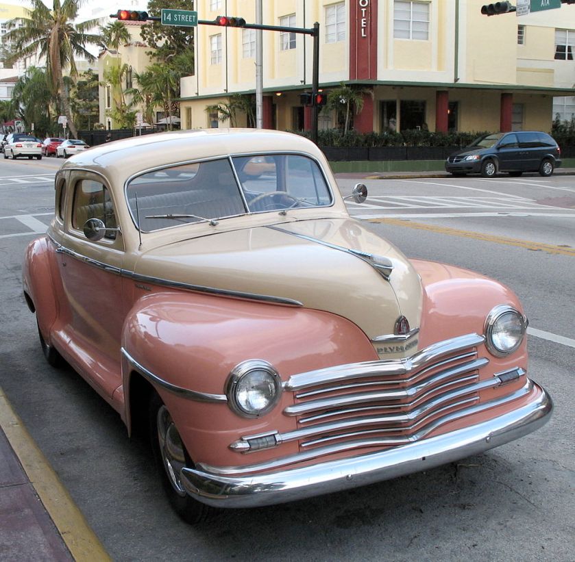 1948 Plymouth coupe on street in Miami Beach, Florida