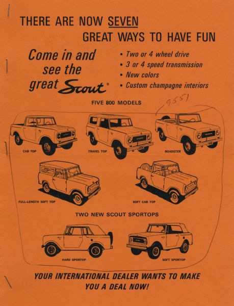 1966 Advertisement displaying illustrations of the seven International Scout vehicle models, including five 800 models and two Sportops