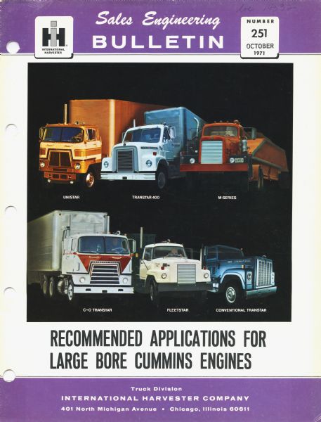 1971 International Harvester's Sales Engineering Bulletin featuring color illustrations of the (from top left) Unistar, Transtar 4 ...