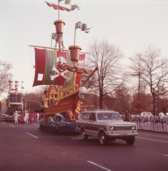 1976 IHC Scout Truck Towing Pirate Ship Float in Parade