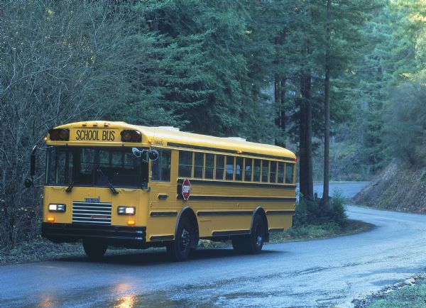 1988 IH School Bus Driving through Wooded Area