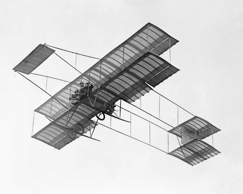 1909 Farman III Louis Paulhan flying with Mrs. Dick Ferris in his Henry Farman biplane, at the Dominguez Field Air Meet, Los Angeles, January 1910(CHS-5602)