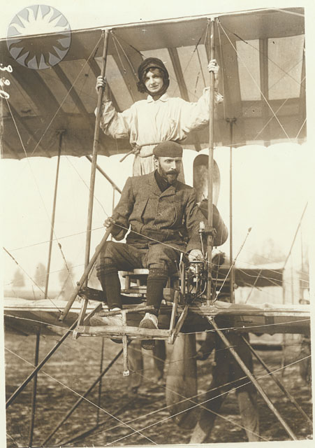 1913 Close-up view of Henri Farman seated at the controls of one of his biplanes circa.1913