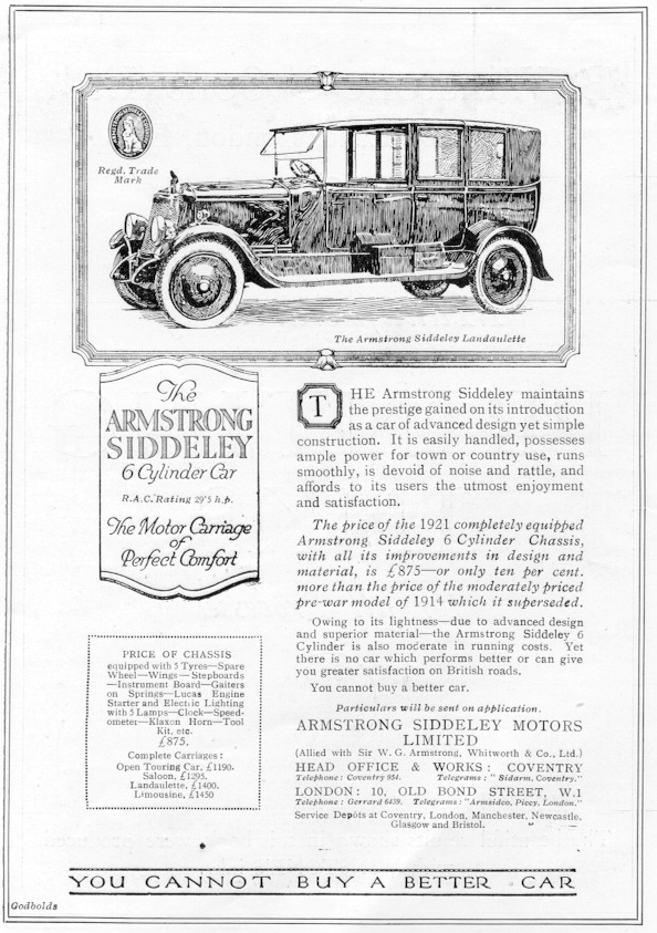 Armstrong Siddeley 30HP Landaulette advert 1921