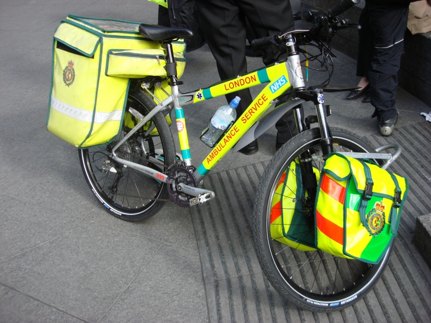 NHS, London Ambulance Service paramedics pedal bicycle