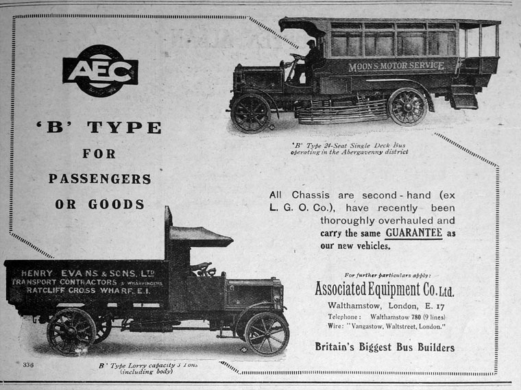 1921 AEC B Type for Passengers or goods Ad