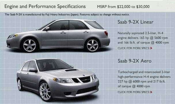 Engine &amp; Performance Specifications For The Saab 9-2x Linear &amp; The 9-2x Aero